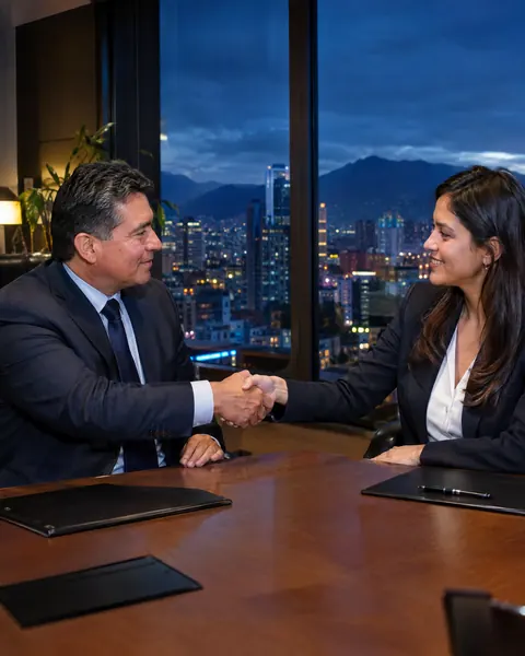 Un empresario y una emprendedora se dan la mano sobre la mesa de reunión