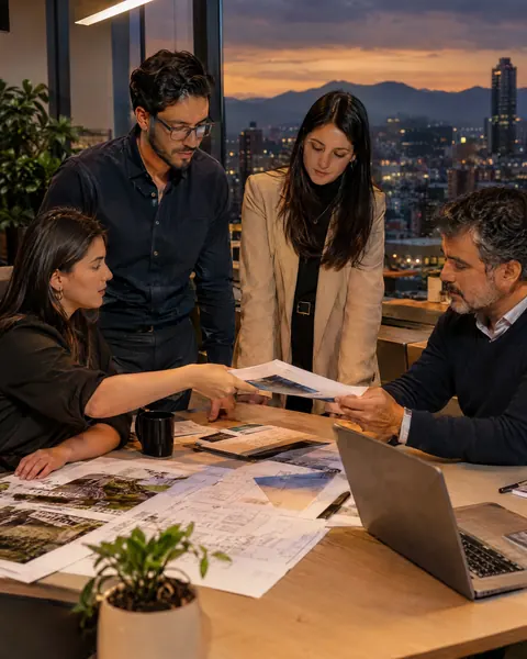 Un equipo de cuatro personas trabaja alrededor de una mesa con planos impresos