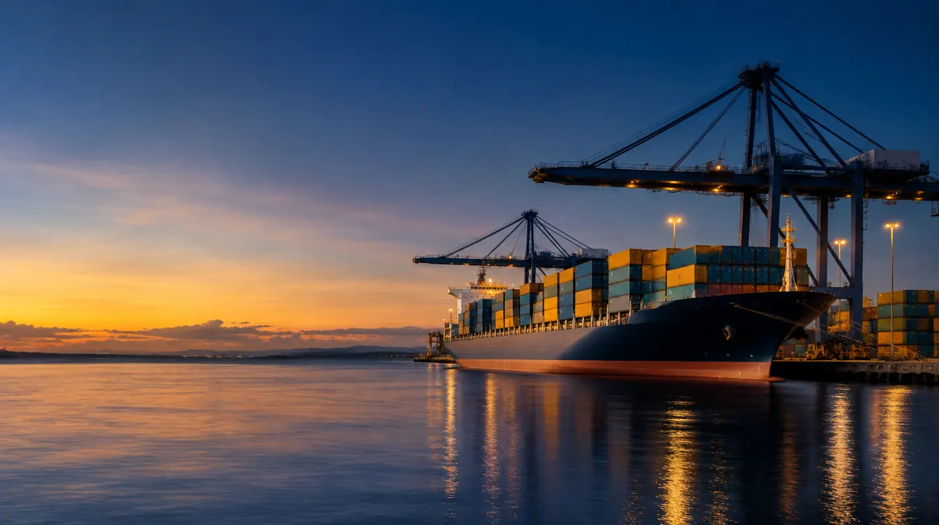 Buque de carga con contenedores atracado en un puerto al atardecer, junto a las grúas del muelle