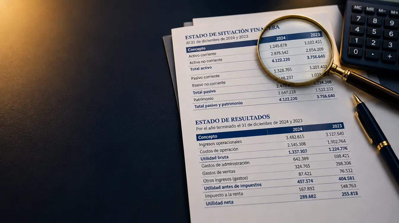 Lupa sobre un estado de situación financiera y un estado de resultados impresos, junto a una calculadora