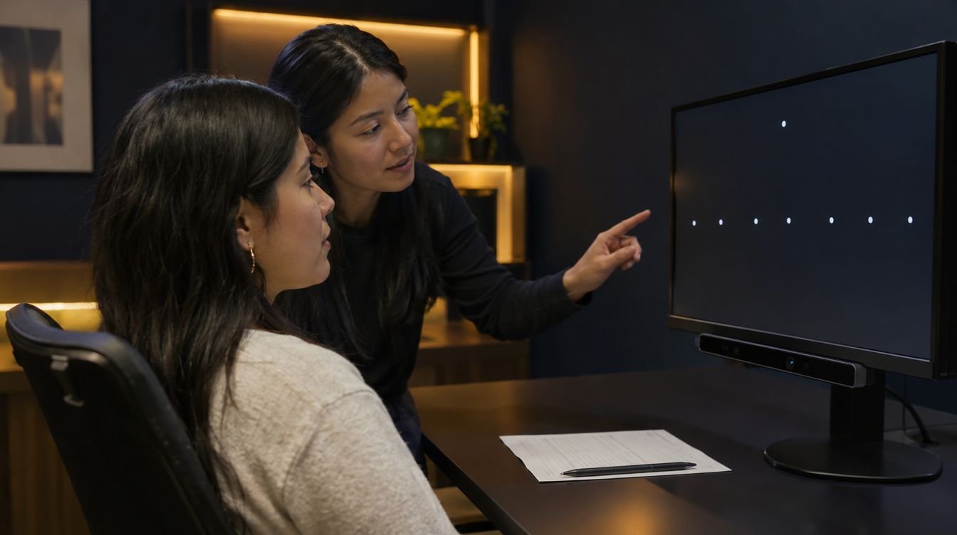 Una investigadora acompaña a una participante durante la calibración del seguimiento ocular frente a un monitor, con el consentimiento firmado sobre la mesa