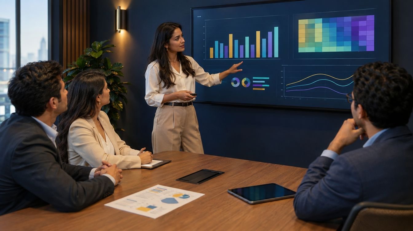 Una consultora presenta el tablero de resultados a un grupo de clientes en una sala de reuniones