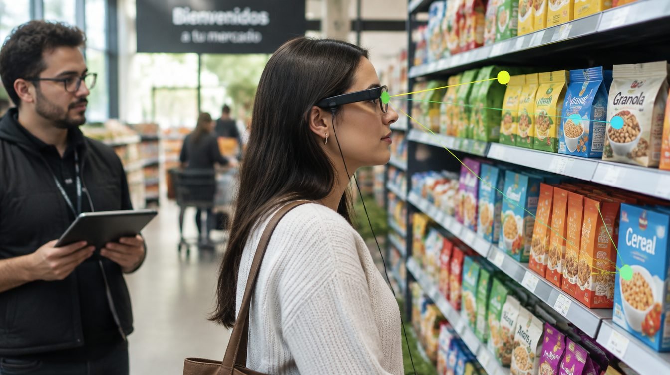 Compradora con gafas de seguimiento ocular frente a una góndola de supermercado, el lugar donde se decide la compra