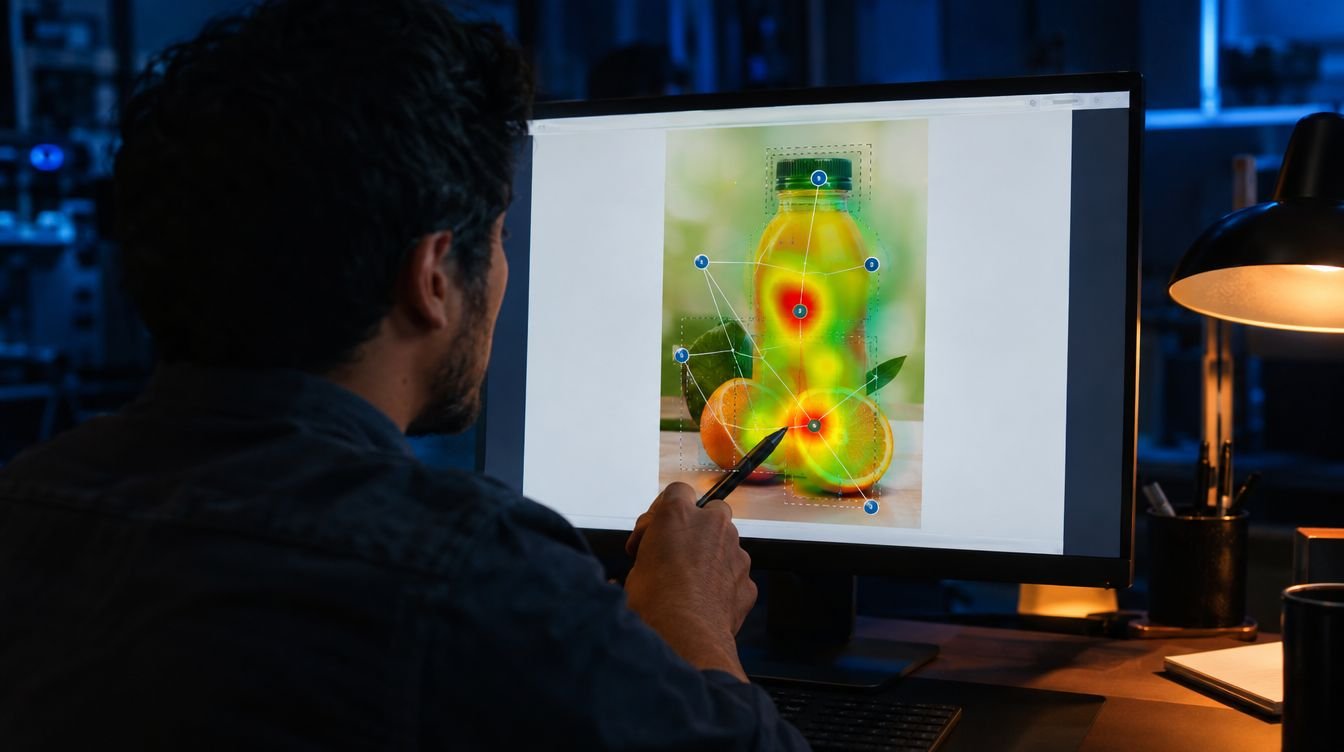 Un investigador marca las áreas de interés y revisa las fijaciones y el mapa de calor sobre la pieza de un producto