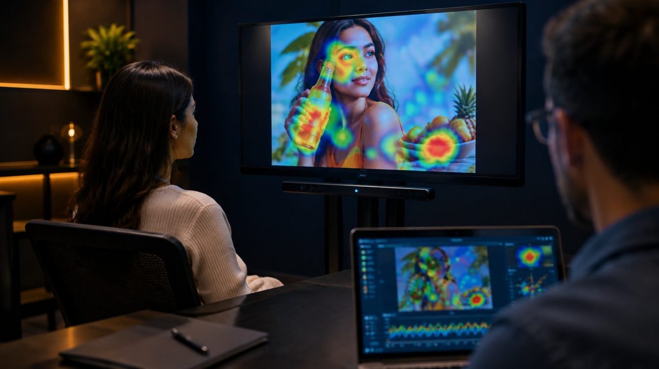 Participante frente a una pantalla con el mapa de calor de un aviso, mientras un investigador revisa el recorrido de la mirada