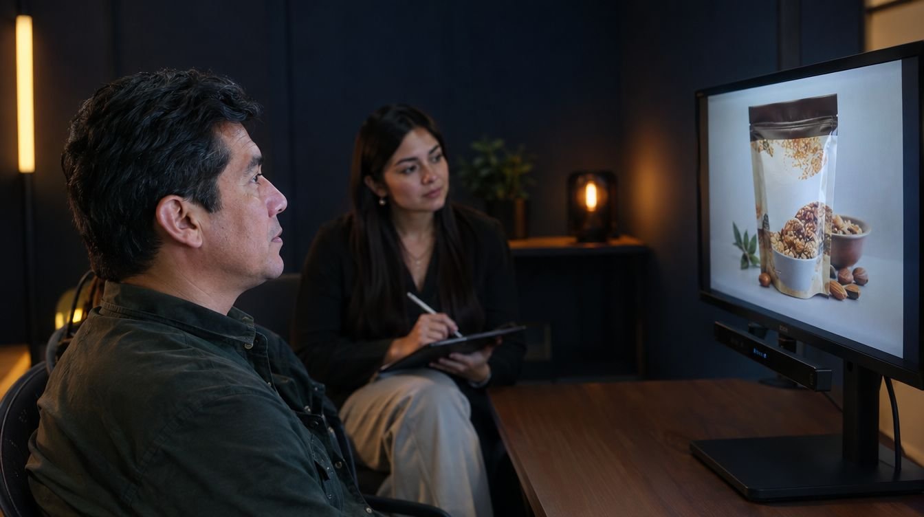 Un participante observa el empaque de un producto en un monitor con el seguimiento ocular, mientras una moderadora toma notas para la entrevista
