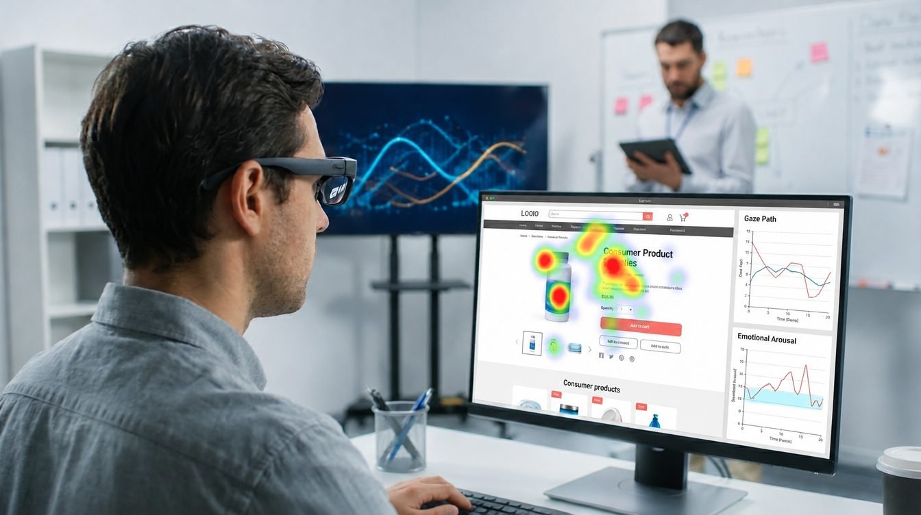 Participante con gafas de seguimiento ocular navega una tienda en línea con el mapa de calor sobre la página