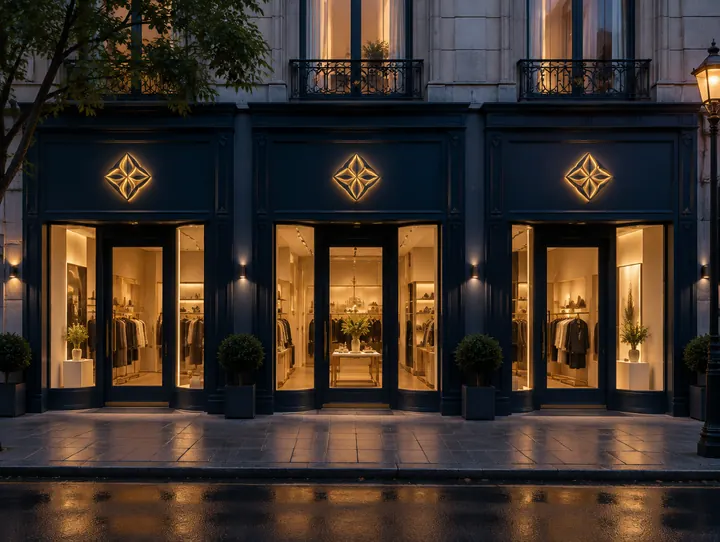 Tres locales iguales en una calle al atardecer, con el mismo emblema dorado sobre cada puerta