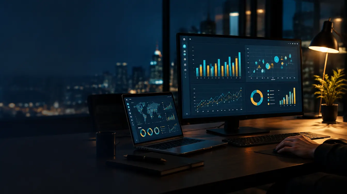 Tablero de gráficas en un monitor y en un portátil, en una oficina de noche con la ciudad iluminada detrás